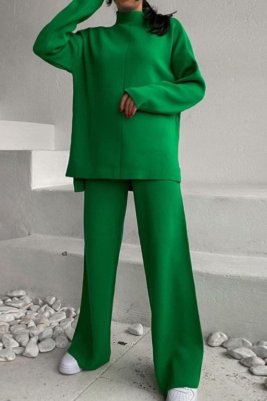 Funnel Neck Knit Top And Wide Leg Set - Green