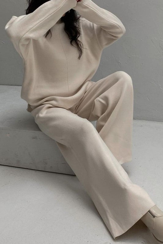 Funnel Neck Knit Top And Wide Leg Set - Offwhite