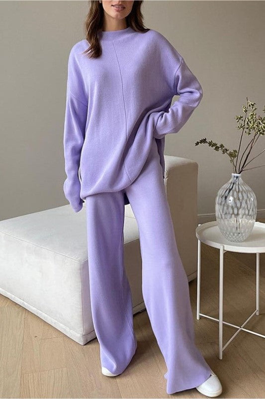 Funnel Neck Knit Top And Wide Leg Set - Purple