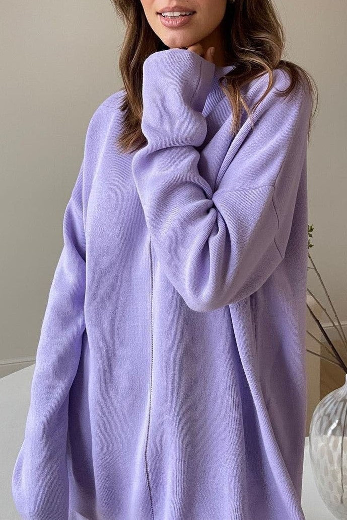 Funnel Neck Knit Top And Wide Leg Set - Purple - 1