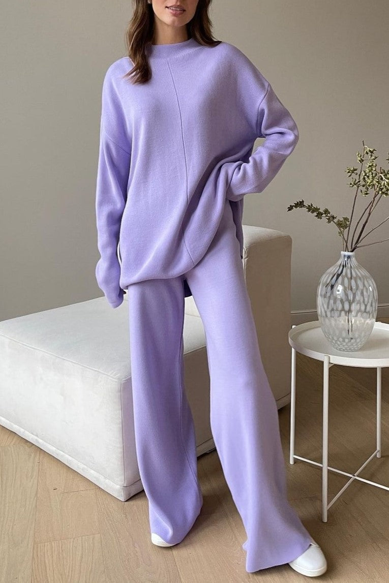 Funnel Neck Knit Top And Wide Leg Set - Purple - 2