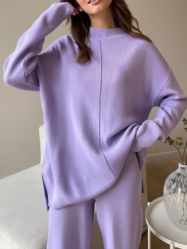 Funnel Neck Knit Top And Wide Leg Set - Purple - 3