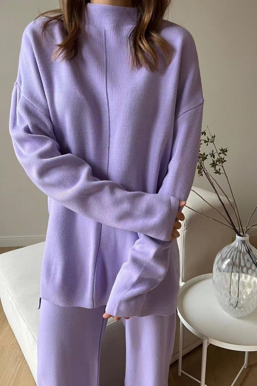 Funnel Neck Knit Top And Wide Leg Set - Purple - 4