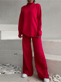 Funnel Neck Knit Top And Wide Leg Set - Red