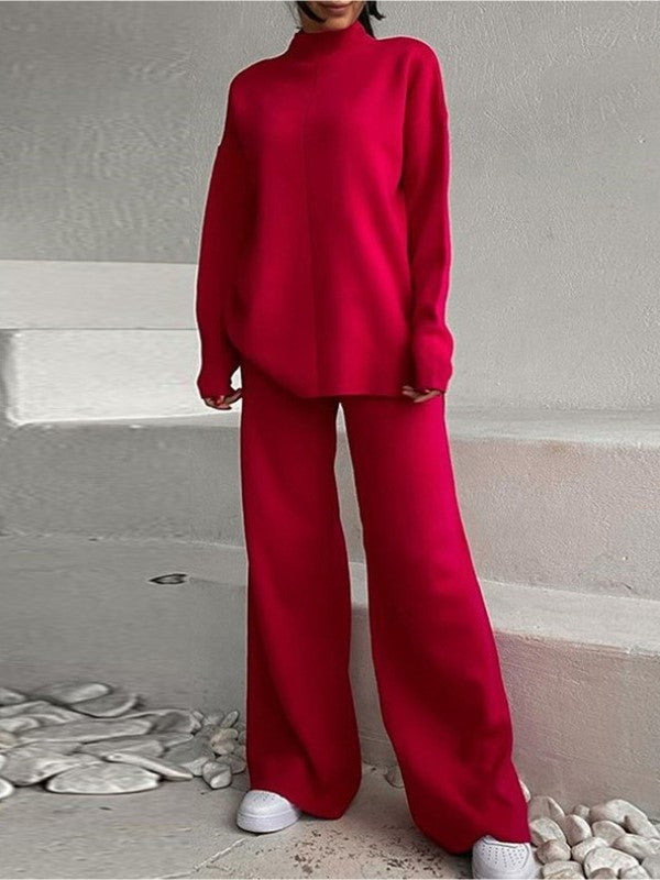 Funnel Neck Knit Top And Wide Leg Set - Red