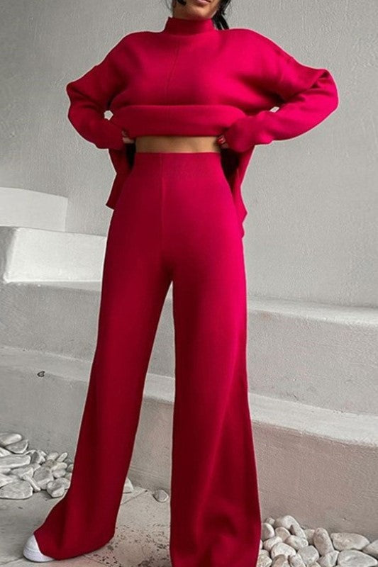 Funnel Neck Knit Top And Wide Leg Set - Red - 1