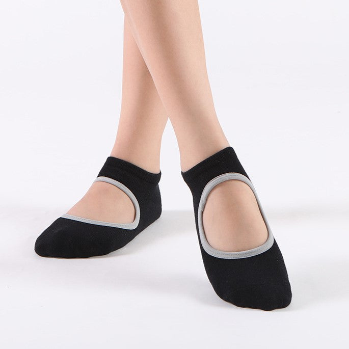 Backless Nonslip Pilates Socks With Instep Strap - Black_G