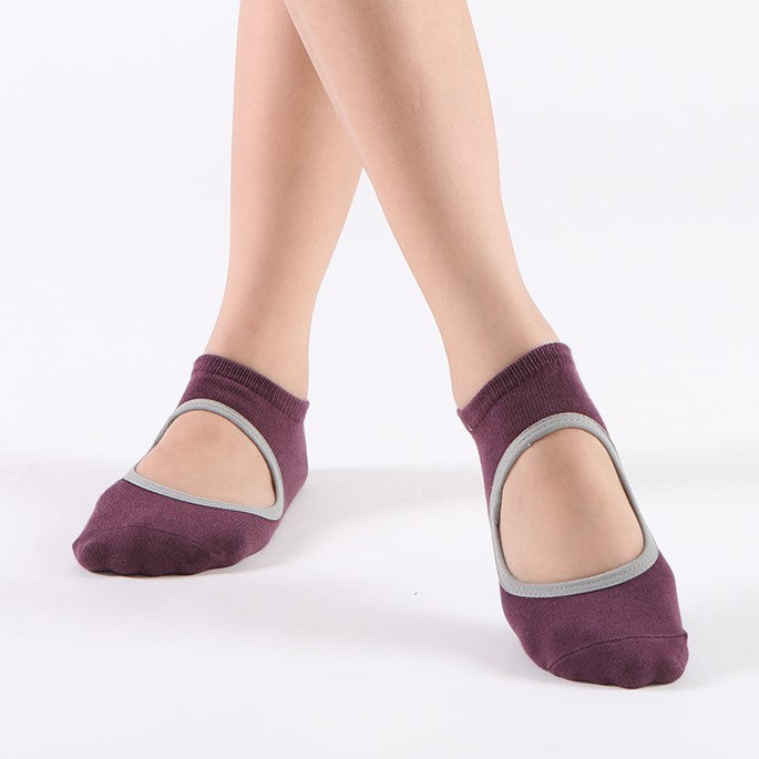 Backless Nonslip Pilates Socks With Instep Strap - Wine_G
