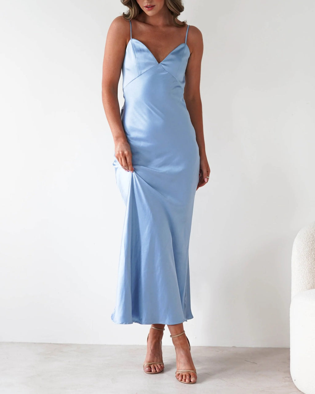 Satin Cowl Neck Backless Slip Maxi Dress - Blue