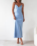 Satin Cowl Neck Backless Slip Maxi Dress - Blue