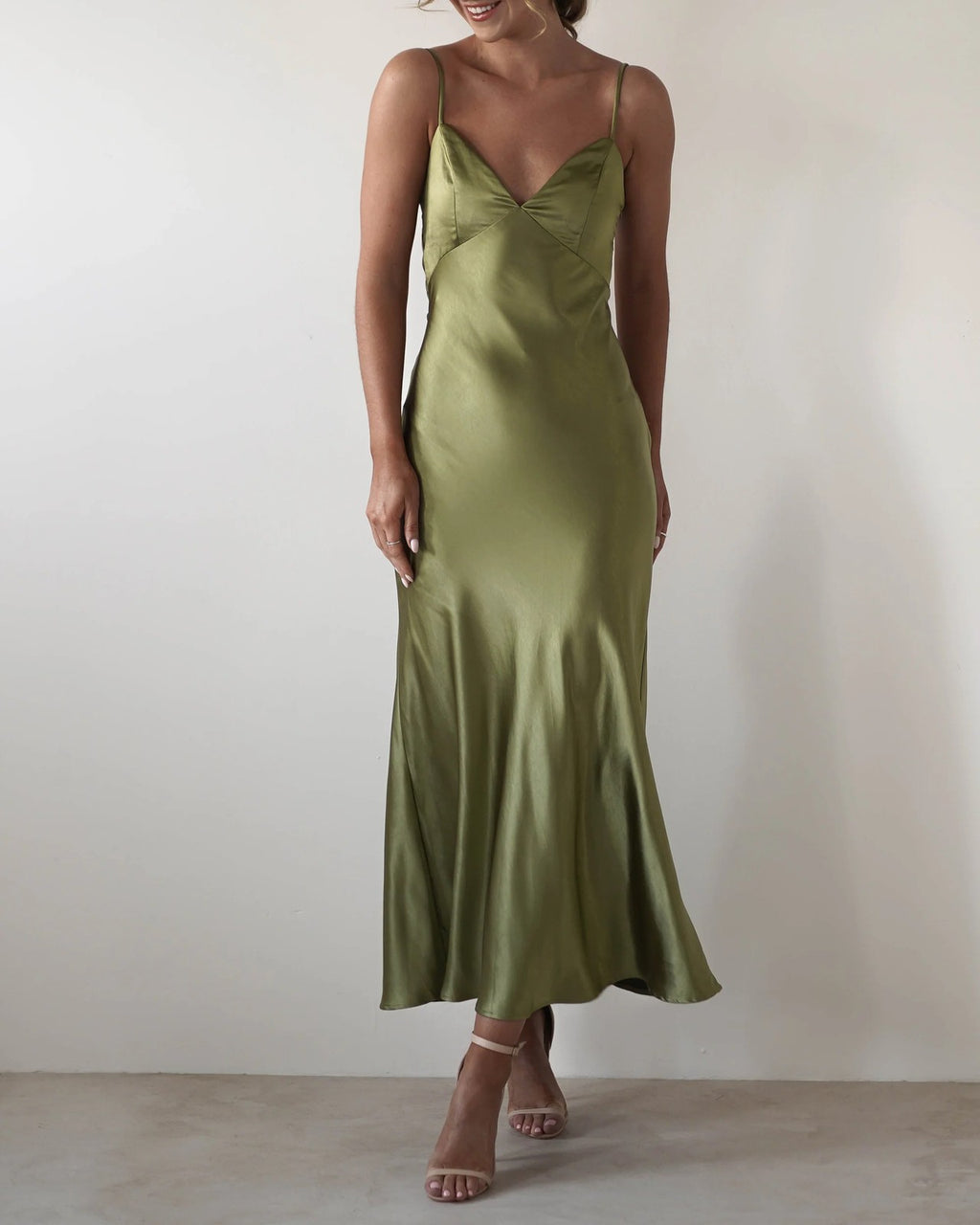 Satin Cowl Neck Backless Slip Maxi Dress - Green - 1