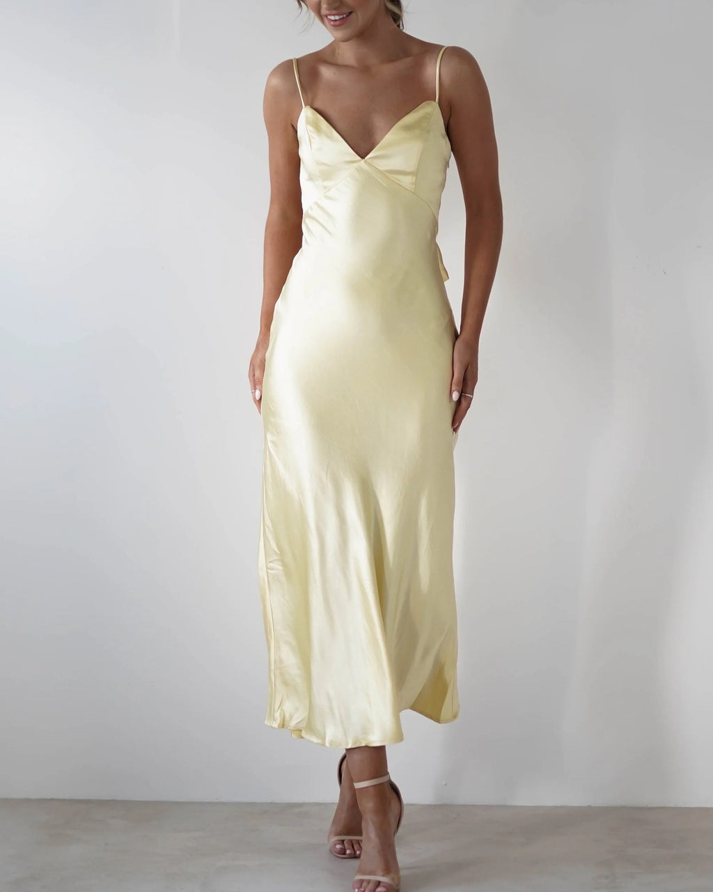 Satin Cowl Neck Backless Slip Maxi Dress - Yellow