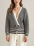 Zigzag Stripe Contrast Trim V Neck Cardigan - Black