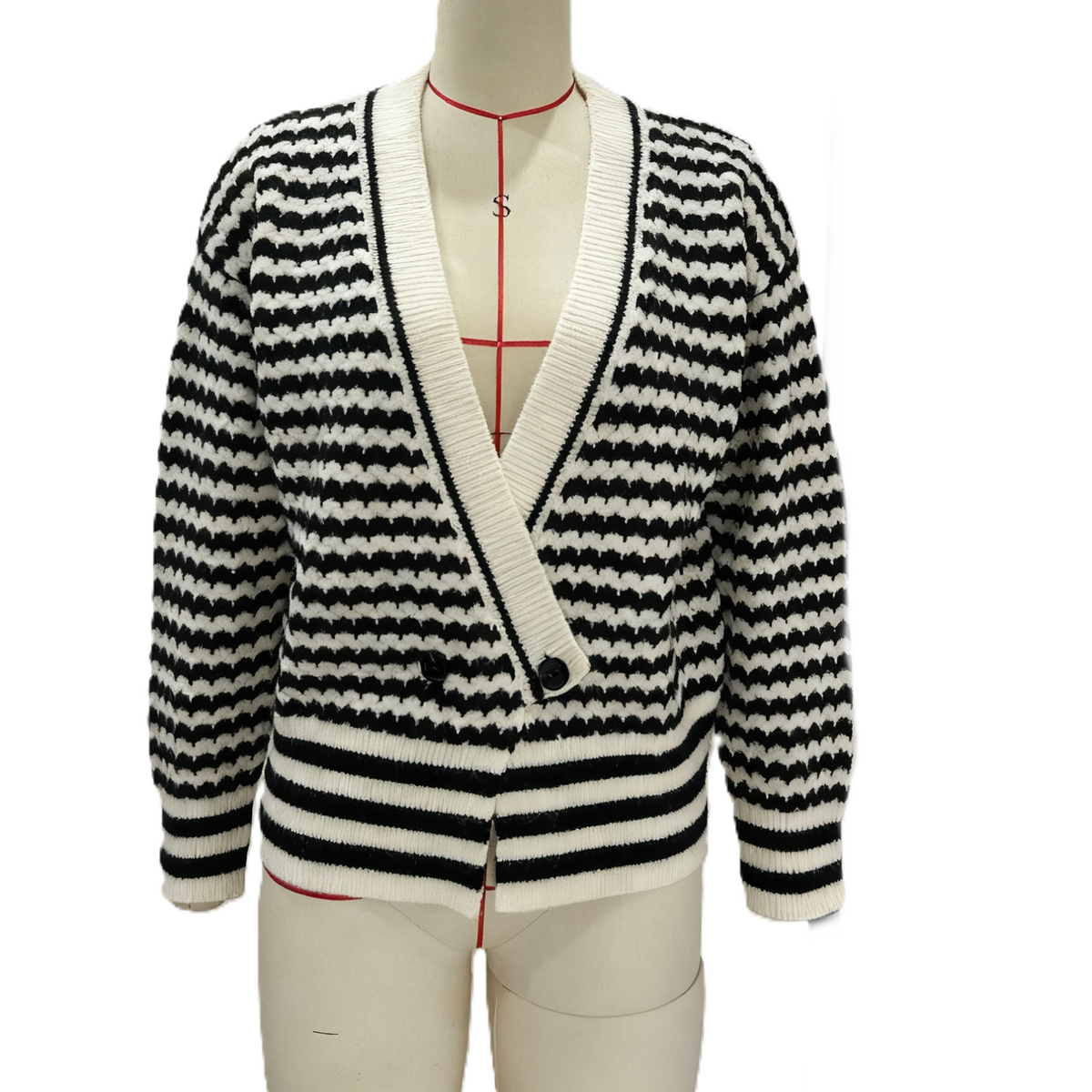 Zigzag Stripe Contrast Trim V Neck Cardigan - Black - 1