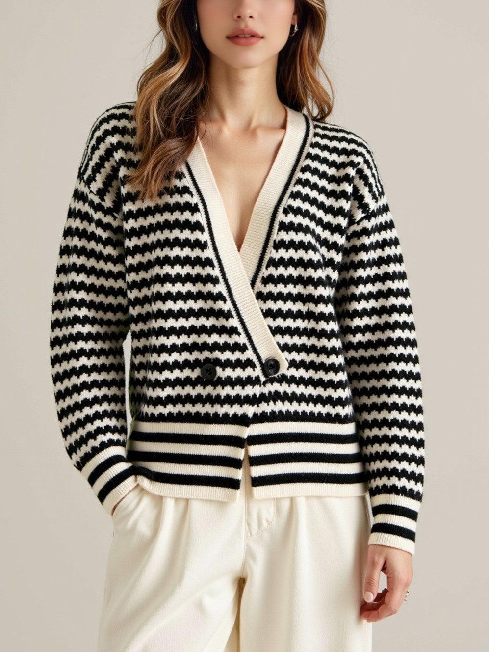 Zigzag Stripe Contrast Trim V Neck Cardigan