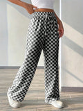 Checkerboard Print Wide Leg Drawstring Pants - Black