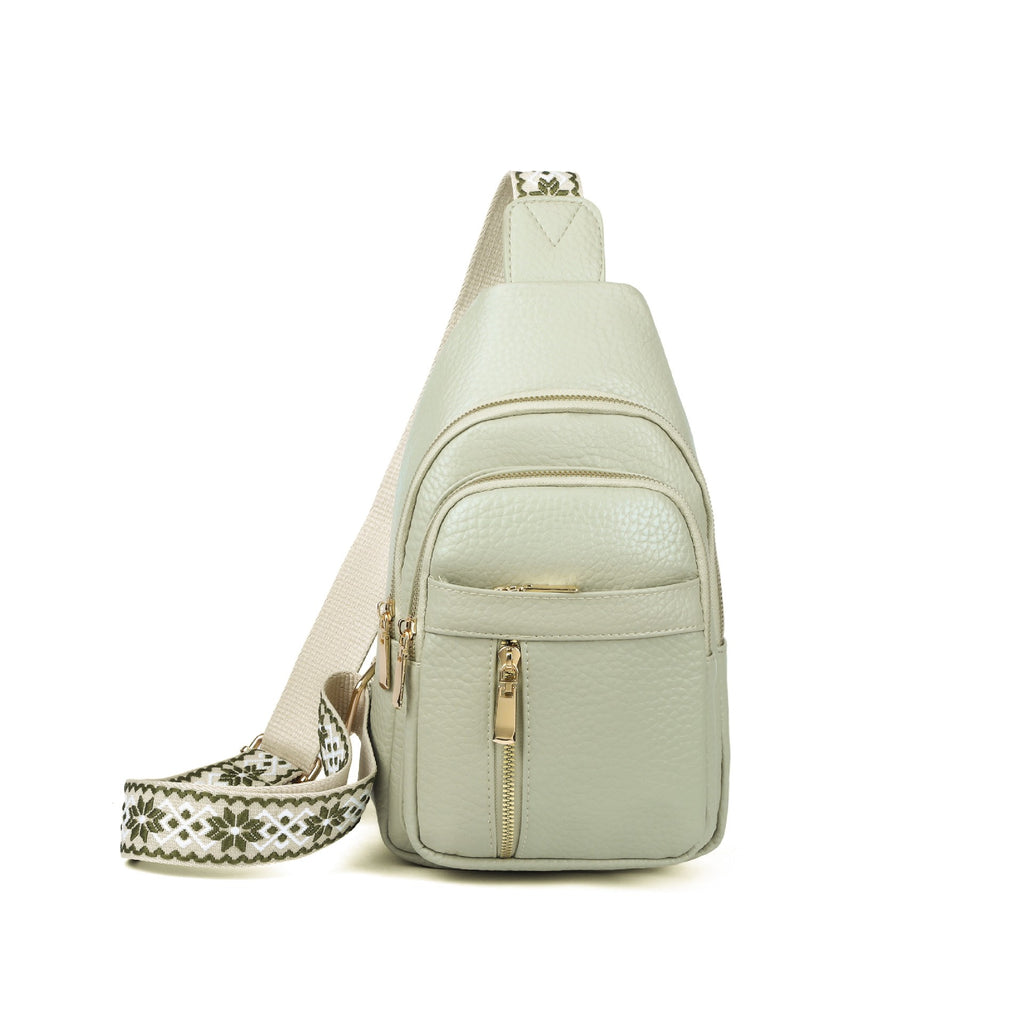 Pebbled Sling Bag With Boho Guitar Strap - Sage