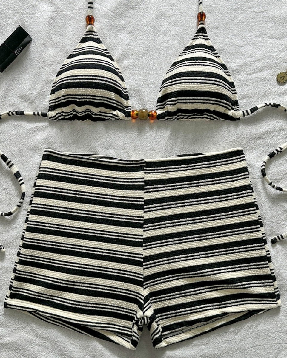 Retro Stripe High Waist Bikini Set - Black