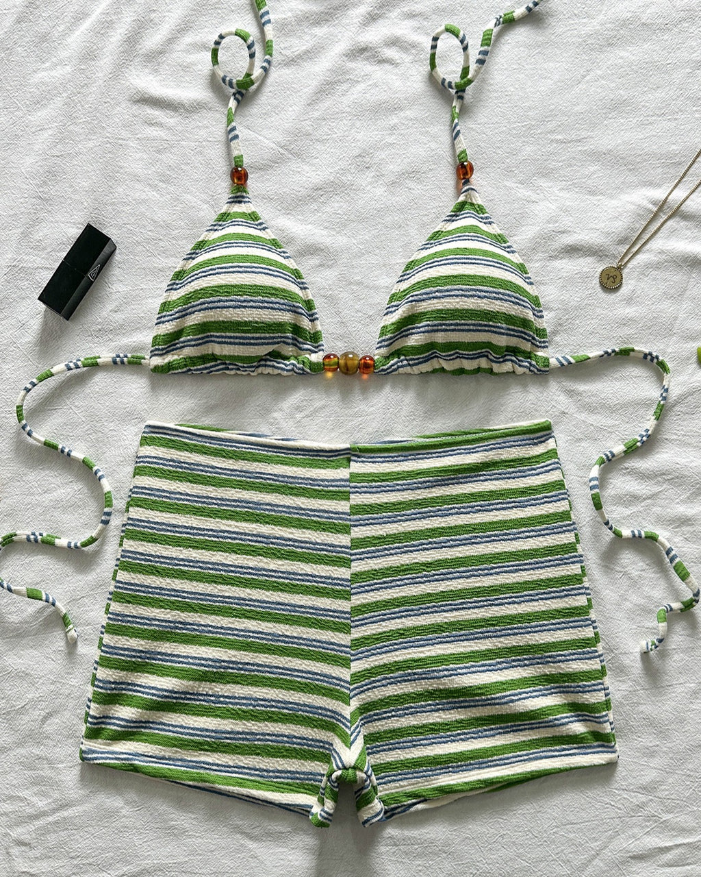 Retro Stripe High Waist Bikini Set - Green