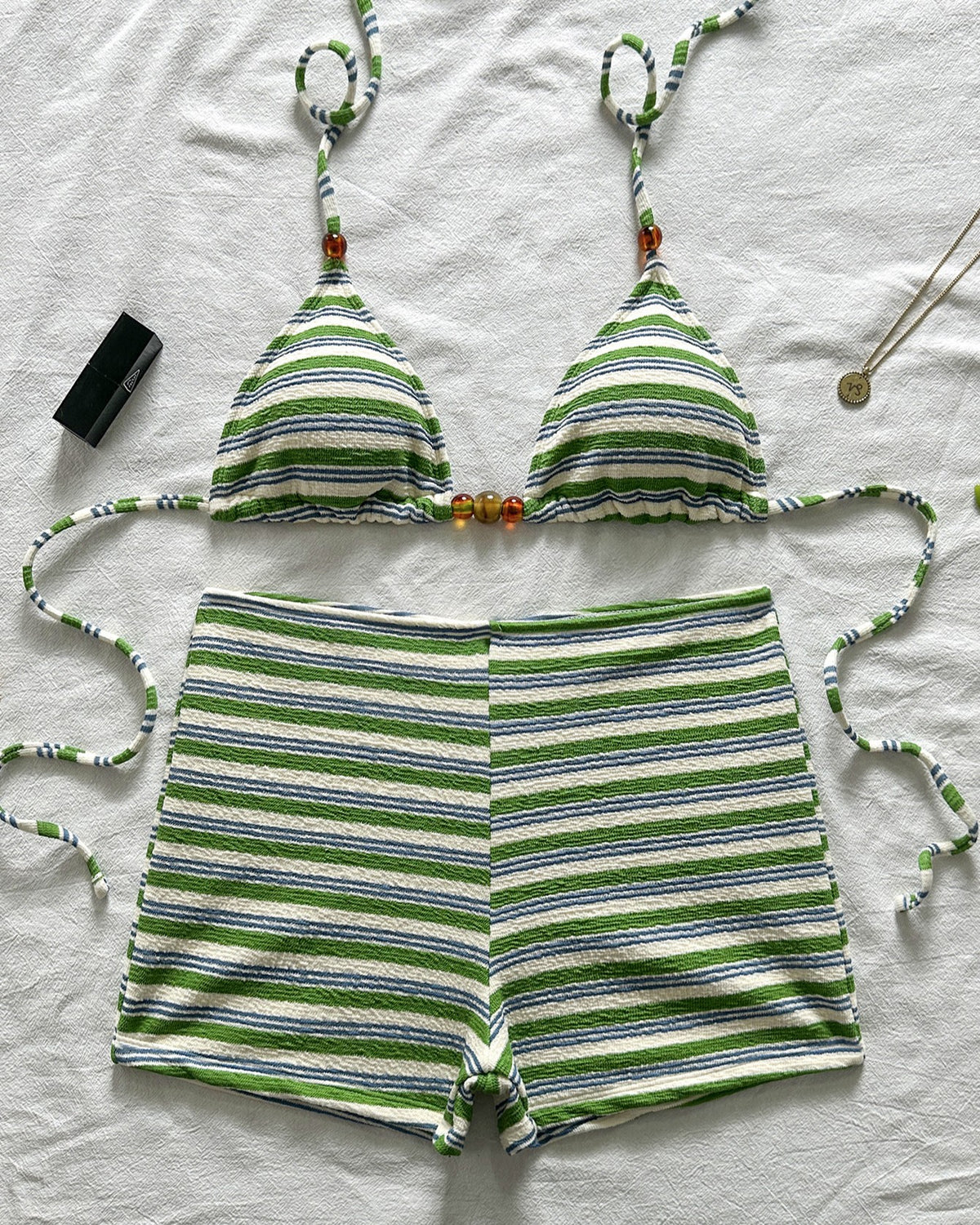 Retro Stripe High Waist Bikini Set - Green