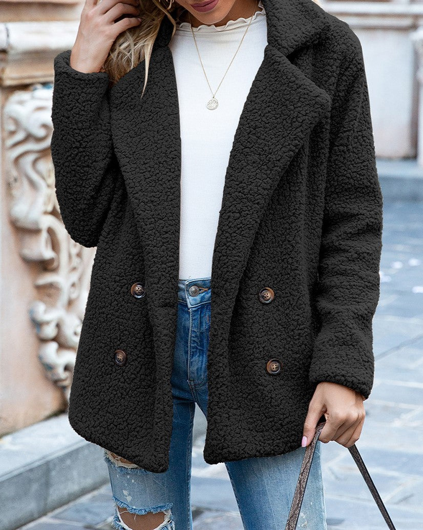 Fuzzy Sherpa Cardigan With Notched Lapels - Black - 1