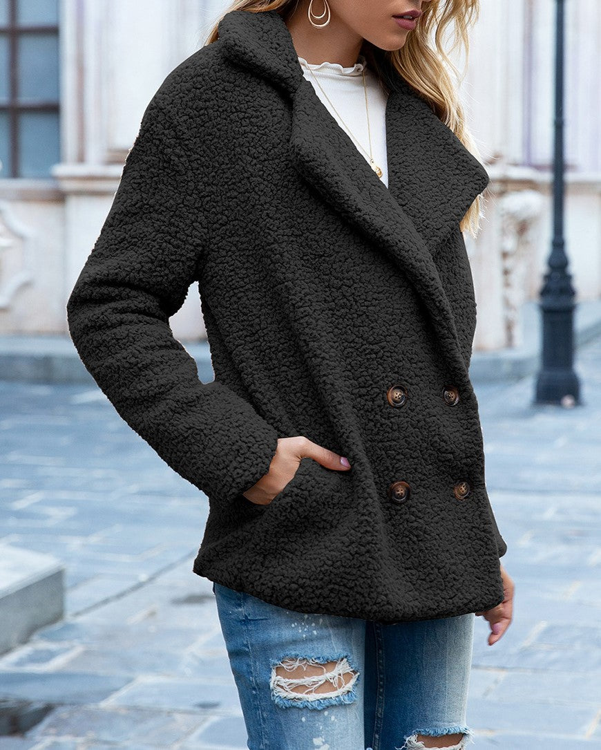 Fuzzy Sherpa Cardigan With Notched Lapels - Black - 2