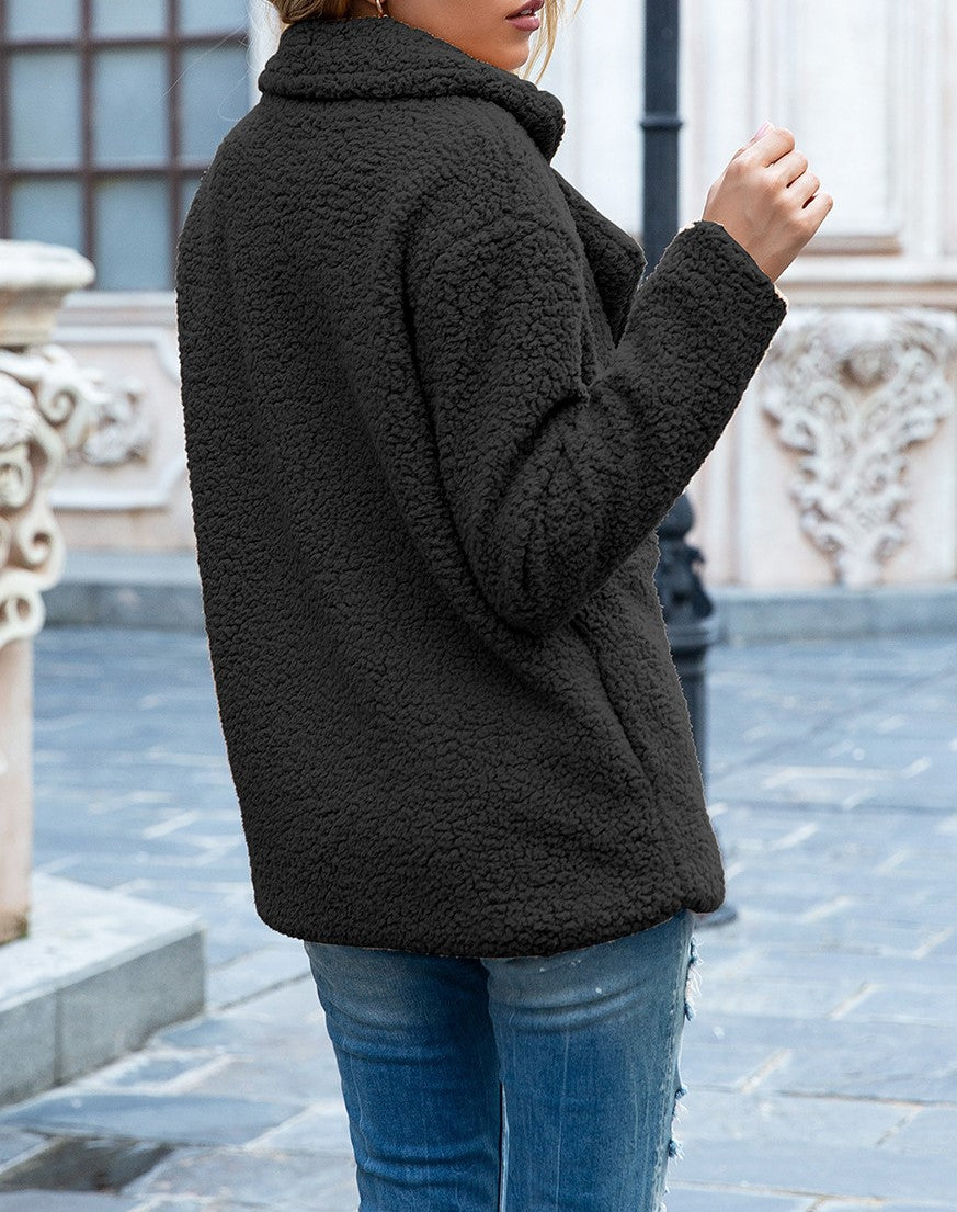 Fuzzy Sherpa Cardigan With Notched Lapels - Black - 3