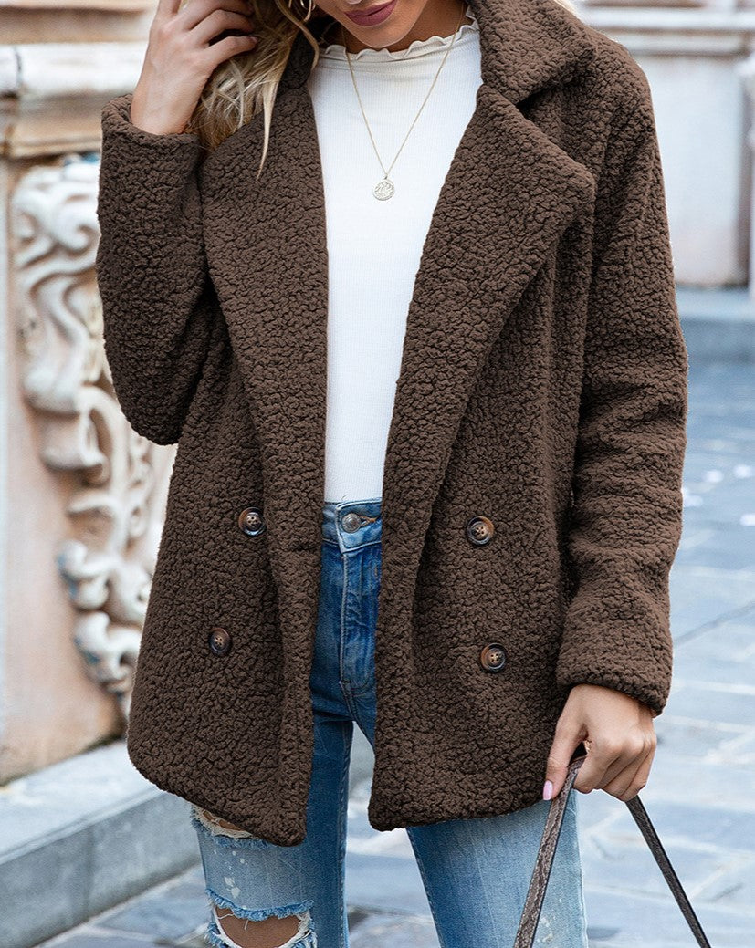 Fuzzy Sherpa Cardigan With Notched Lapels - Brown
