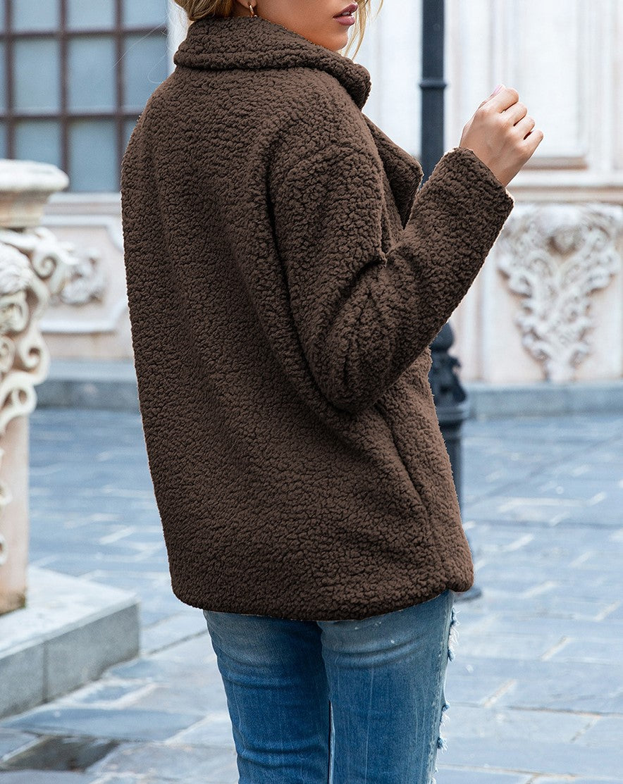 Fuzzy Sherpa Cardigan With Notched Lapels - Brown - 3