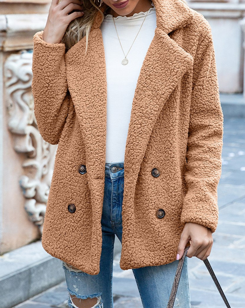 Fuzzy Sherpa Cardigan With Notched Lapels - Camel - 1