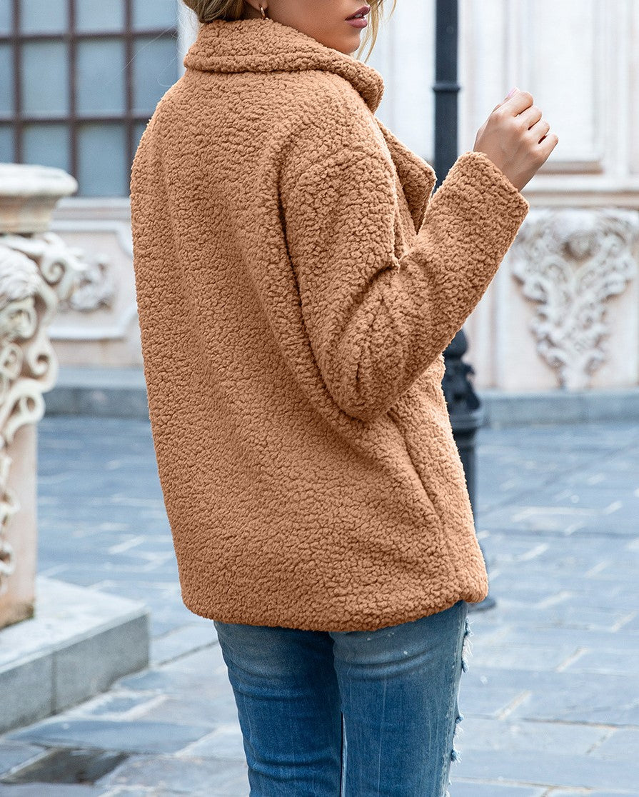 Fuzzy Sherpa Cardigan With Notched Lapels - Camel - 3