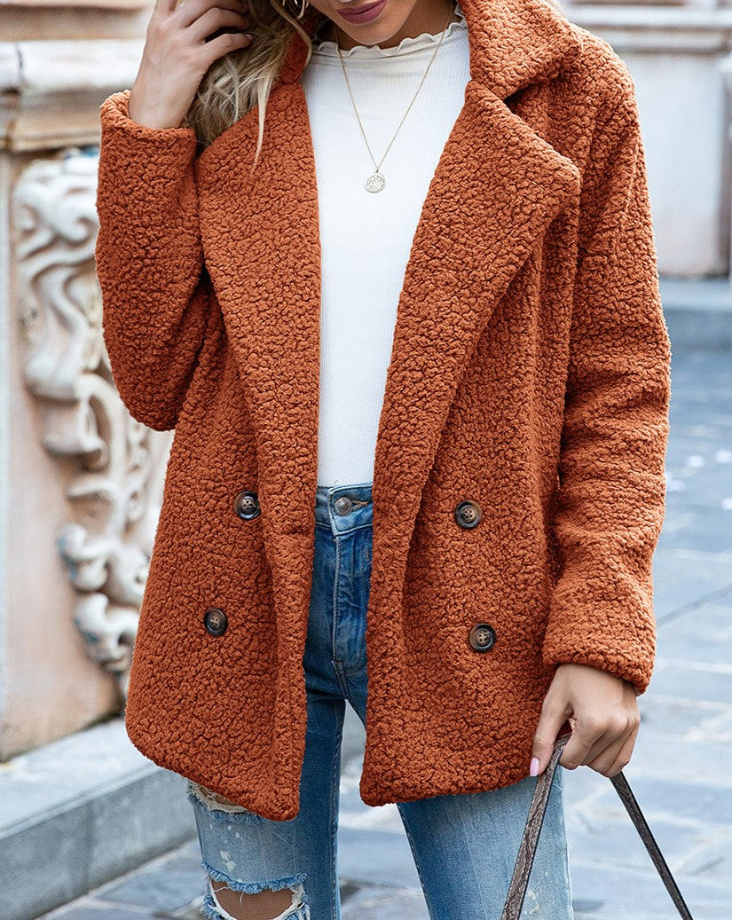 Fuzzy Sherpa Cardigan With Notched Lapels - Caramel - 1