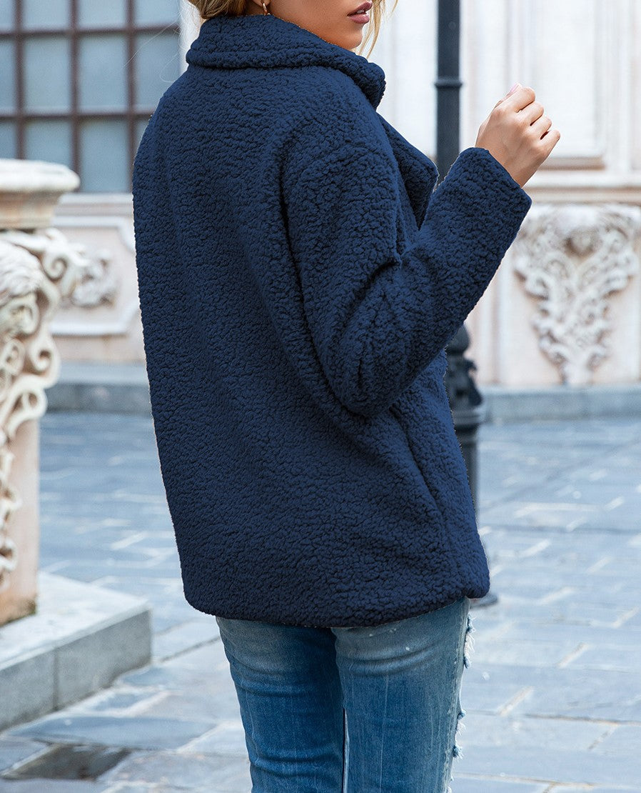 Fuzzy Sherpa Cardigan With Notched Lapels - DarkBlue - 3