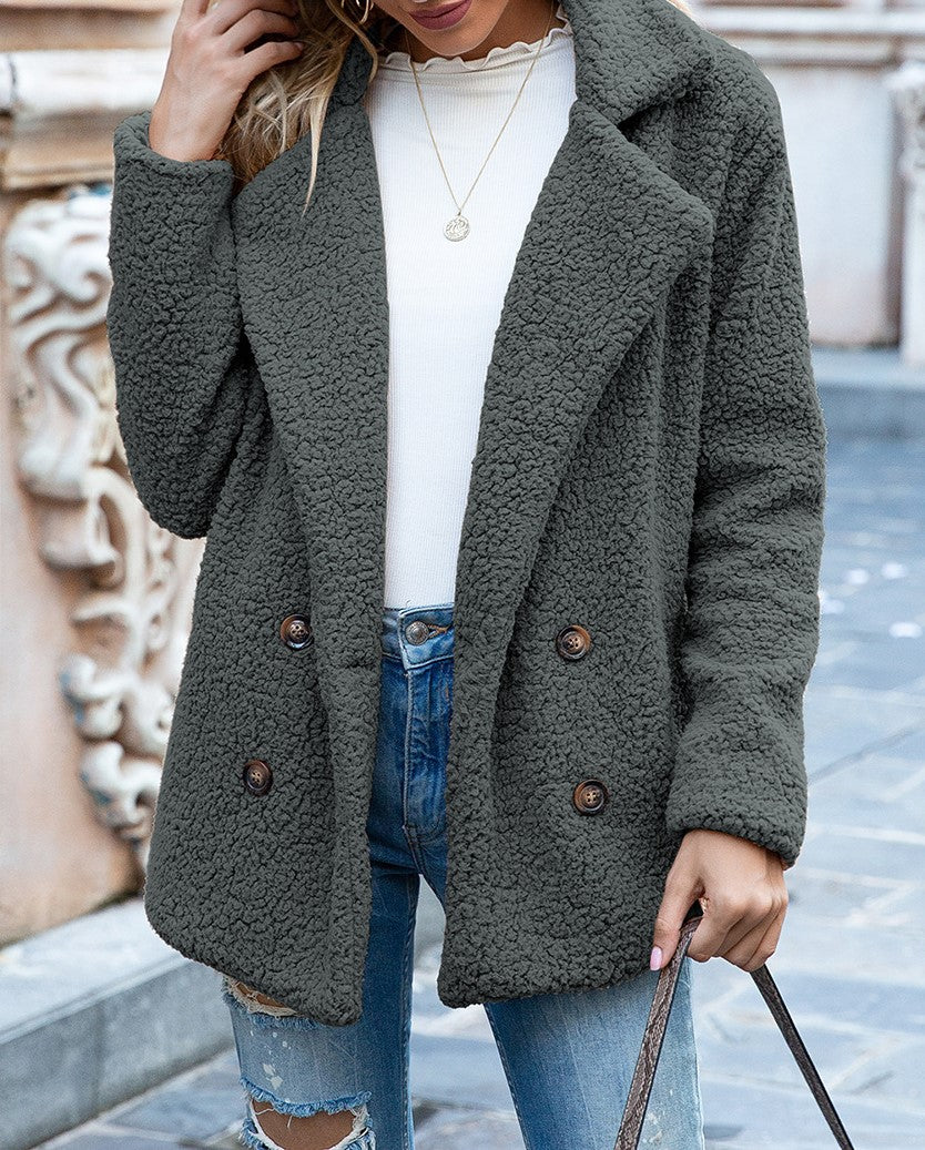 Fuzzy Sherpa Cardigan With Notched Lapels - DarkGrey
