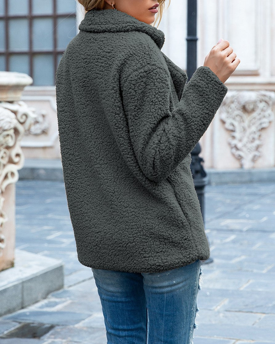 Fuzzy Sherpa Cardigan With Notched Lapels - DarkGrey - 3