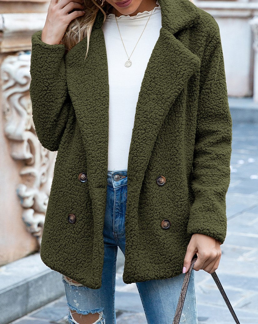 Fuzzy Sherpa Cardigan With Notched Lapels - Green