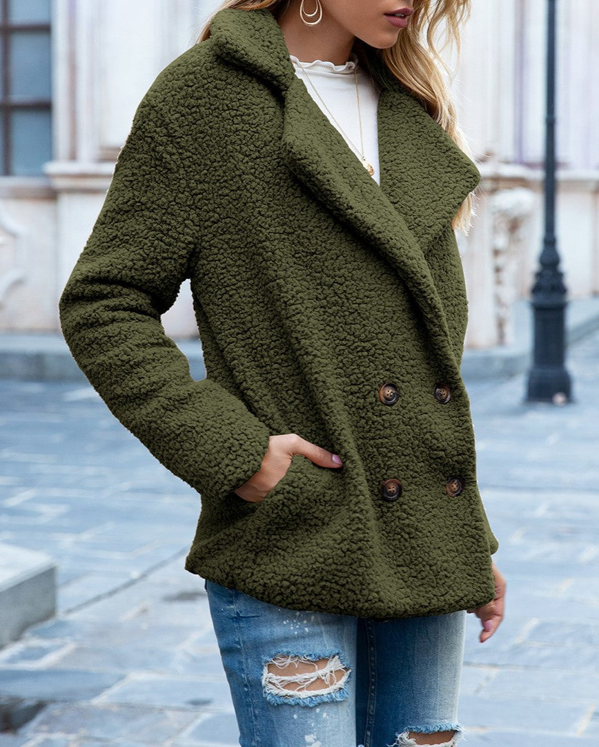 Fuzzy Sherpa Cardigan With Notched Lapels - Green - 2