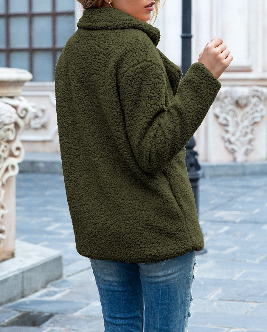 Fuzzy Sherpa Cardigan With Notched Lapels - Green - 3