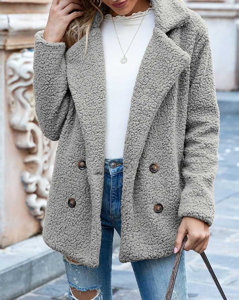 Fuzzy Sherpa Cardigan With Notched Lapels - Grey