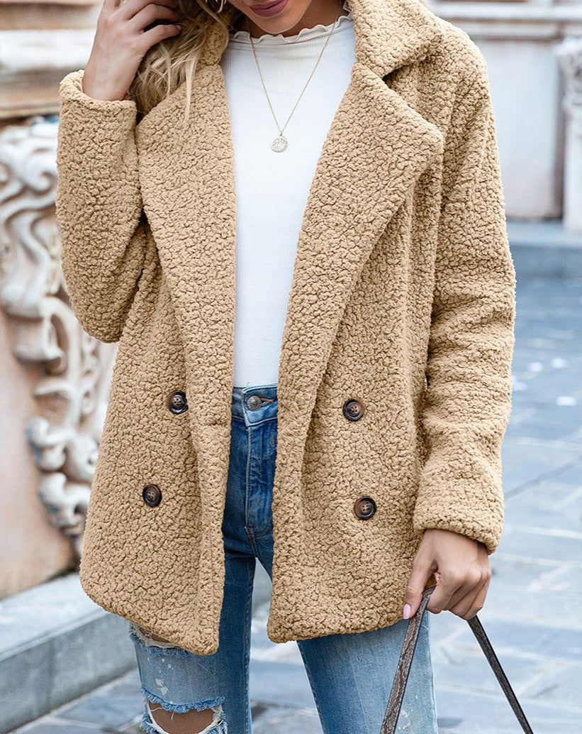Fuzzy Sherpa Cardigan With Notched Lapels - Khaki