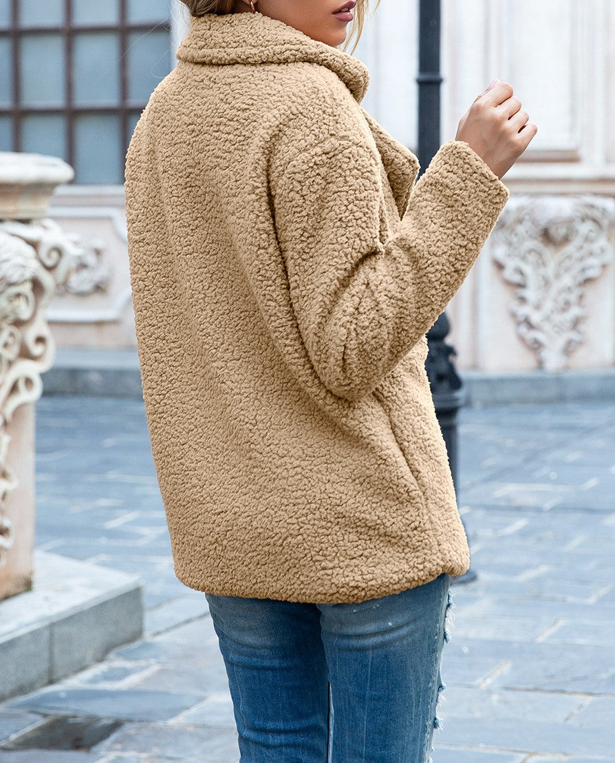Fuzzy Sherpa Cardigan With Notched Lapels - Khaki - 2