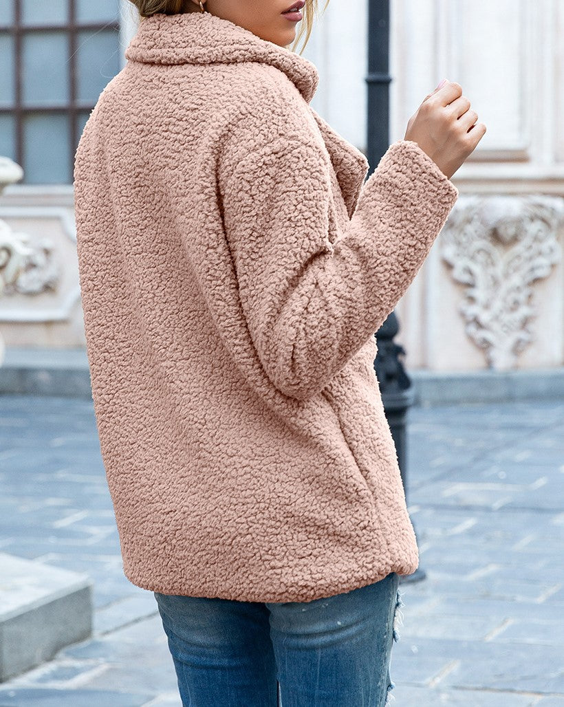 Fuzzy Sherpa Cardigan With Notched Lapels - Pink - 3