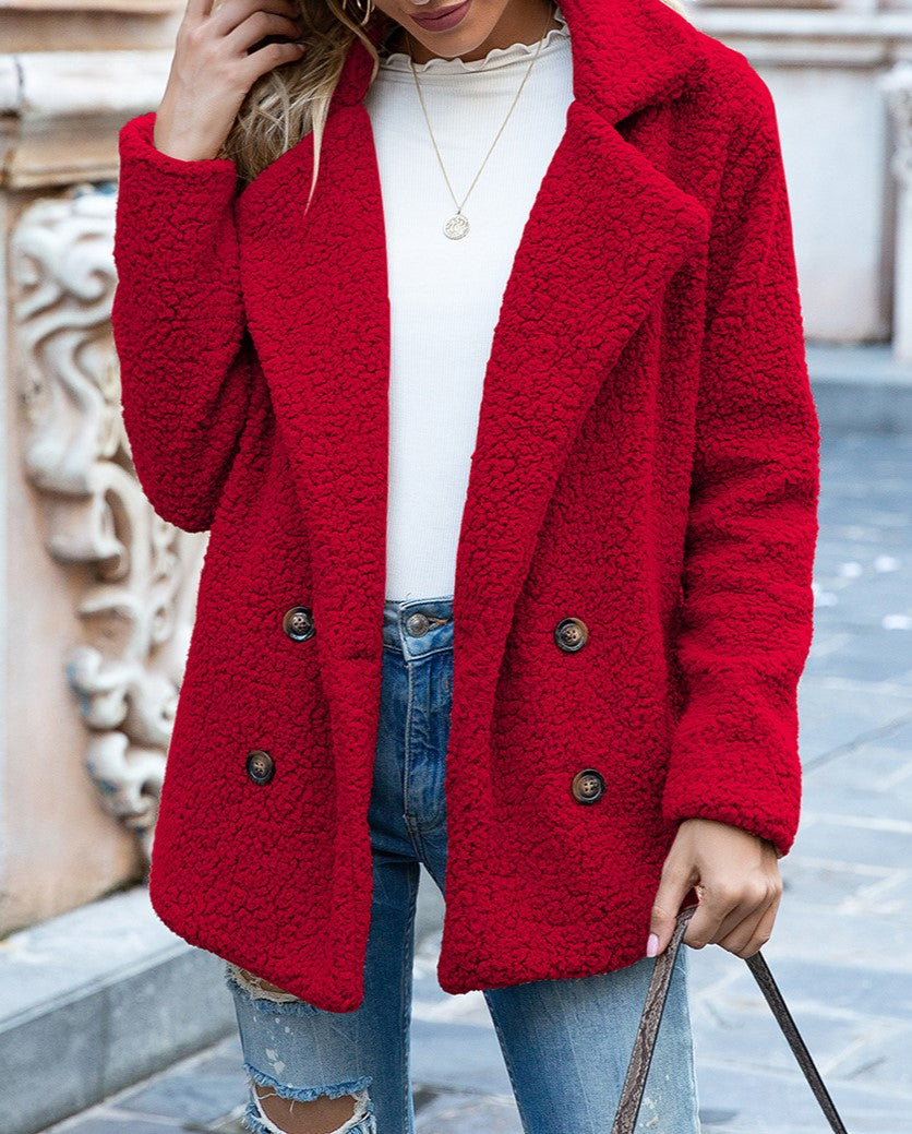 Fuzzy Sherpa Cardigan With Notched Lapels - Red - 1
