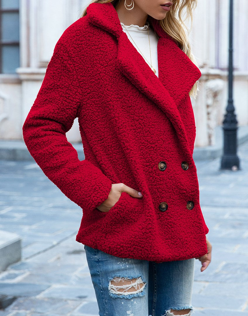 Fuzzy Sherpa Cardigan With Notched Lapels - Red - 2