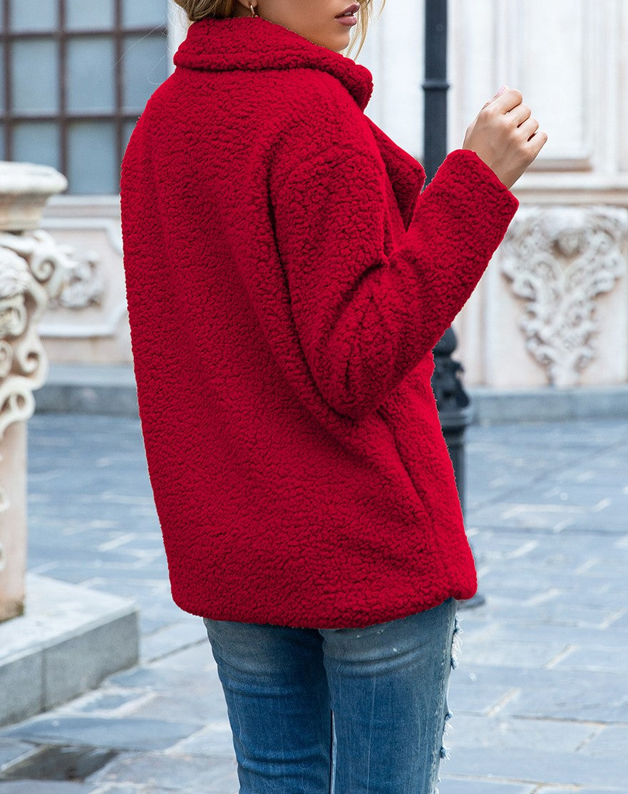 Fuzzy Sherpa Cardigan With Notched Lapels - Red - 3