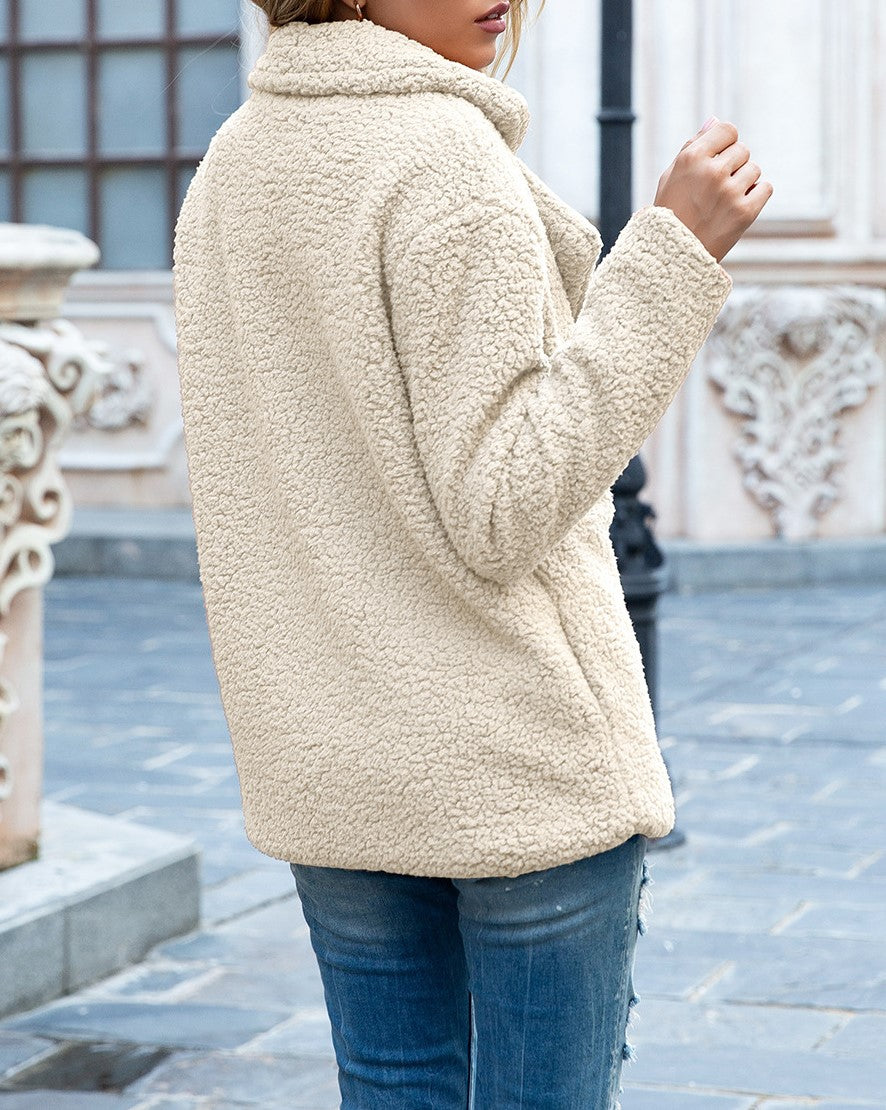 Fuzzy Sherpa Cardigan With Notched Lapels - White - 3