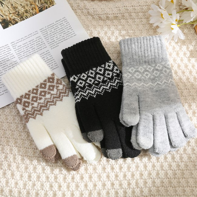Fair Isle Knit Touchscreen Gloves - White