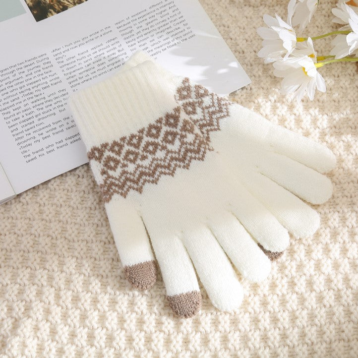 Fair Isle Knit Touchscreen Gloves - White - 1