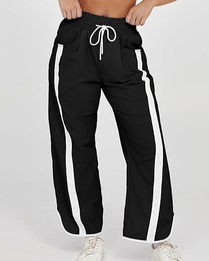 Contrast Side Stripe Drawstring Track Pants - Black
