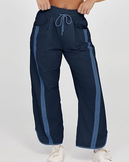 Contrast Side Stripe Drawstring Track Pants - Dark-Blue